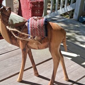 Artisan Wooden Camel with Red and Blue Accents